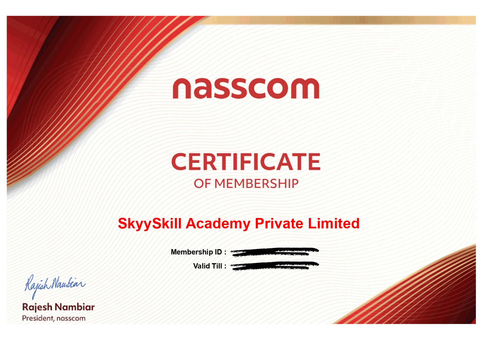NASSCOM certificate of membership for SkyySkill Academy Private Limited